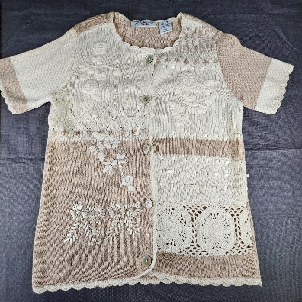 Two Twenty Collection Blair Cardigan Sweater Beige Cream Floral Lace SMALL